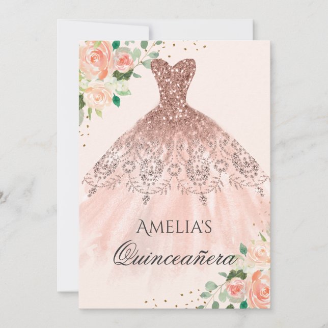 Floral Rose Gold Dress Sparkle Quinceanera Invitation (Front)