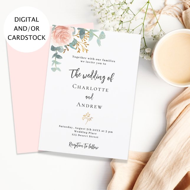 Floral rose gold eucalyptus greenery wedding invitation (Creator Uploaded)