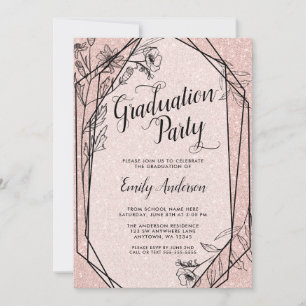 Floral Rose Gold Faux Glitter Graduation Party Invitation