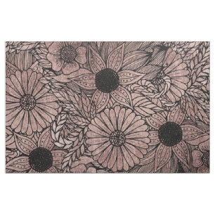 Floral Rose Gold Flowers and Leaves Drawing Black Fabric