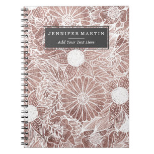 Floral Rose Gold Flowers and Leaves Drawing White Notebook
