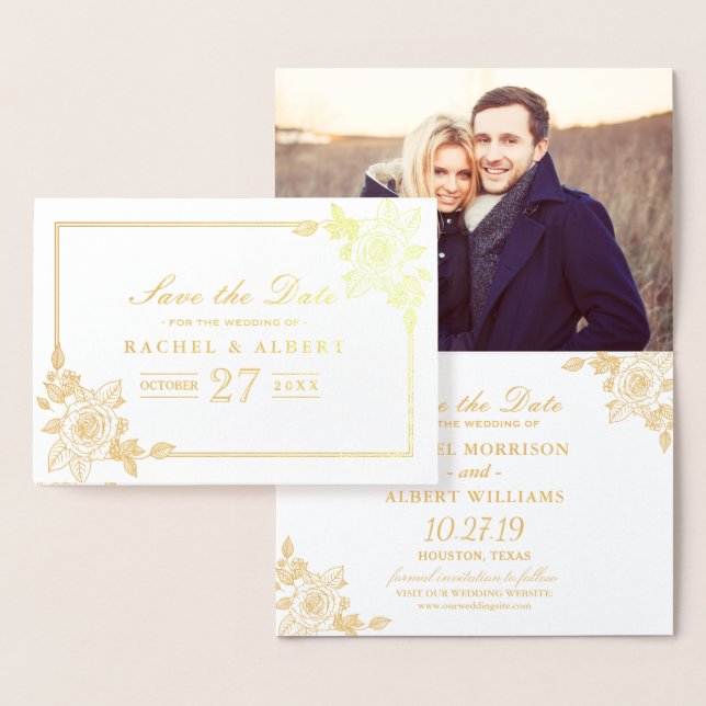 Floral Rose Gold Foil Wedding Save the Date Foil Card (Display)