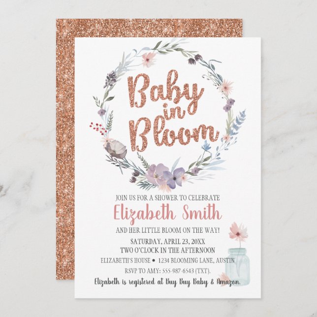 Floral Rose Gold Glitter Baby In Bloom Shower Invitation (Front/Back)