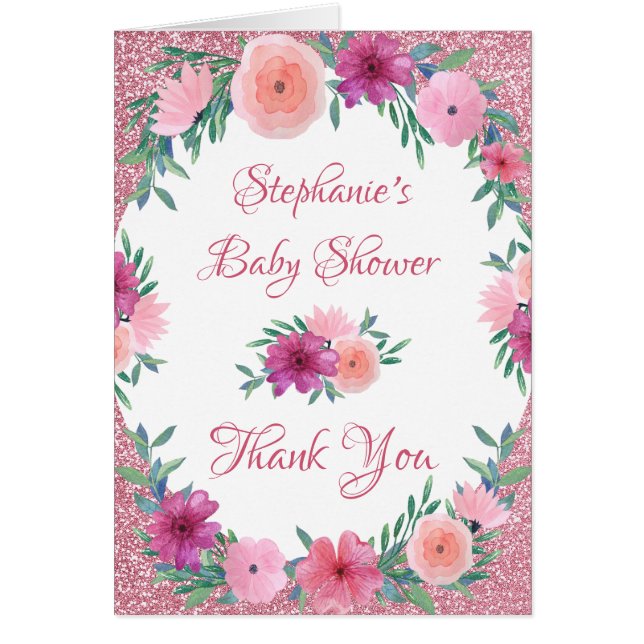 Floral Rose Gold Glitter Baby Shower Thank You (Front)