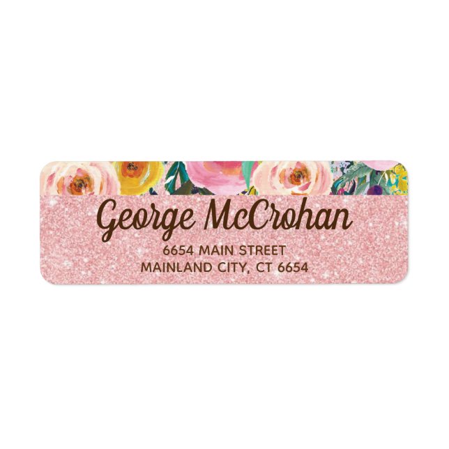 Floral Rose Gold Glitter Foil Pink Return Address (Front)
