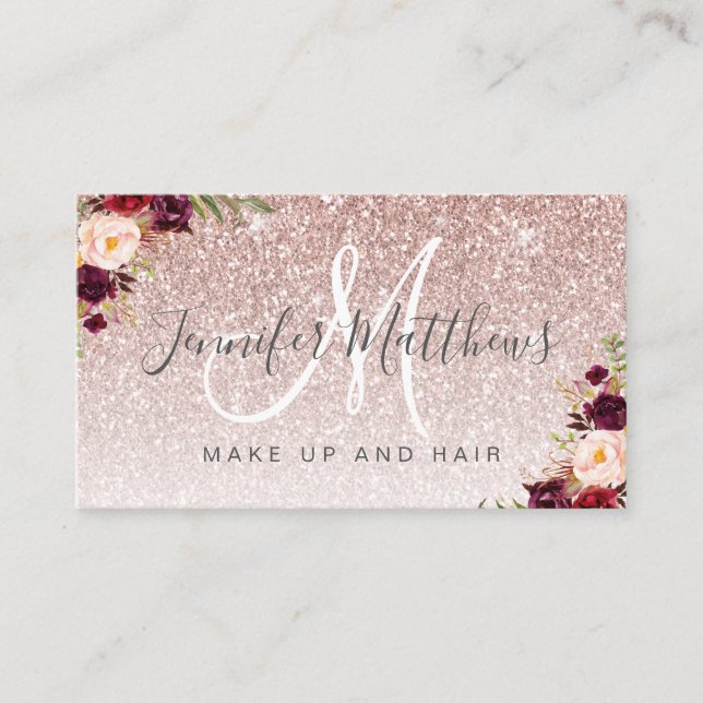 Floral Rose Gold Glitter Makeup Artist Hair Salon Business Card (Front)