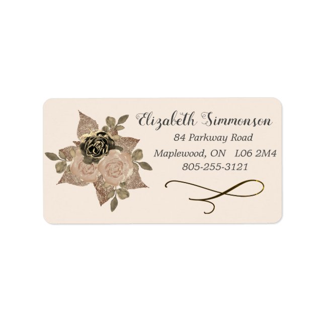 Floral Rose Gold Glitter Sepia Return Address Label (Front)