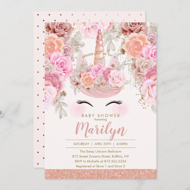 Floral Rose Gold Glitter Unicorn Baby Shower Invitation (Front/Back)
