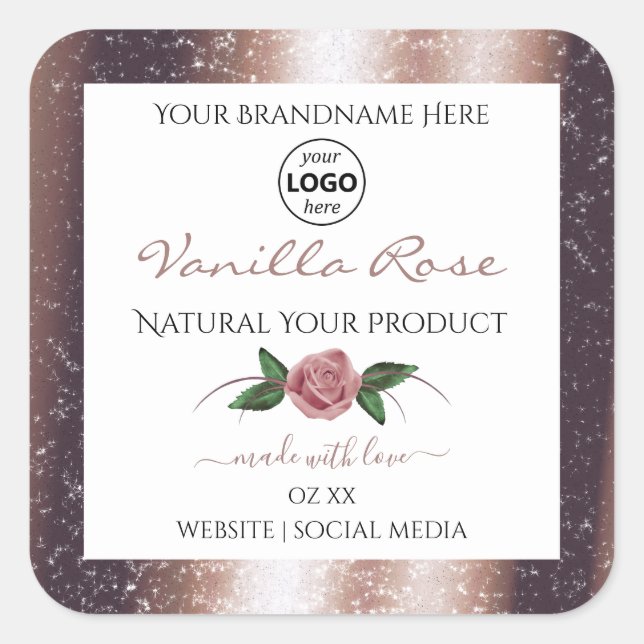 Floral Rose Gold Glitter White Product Labels Logo (Front)