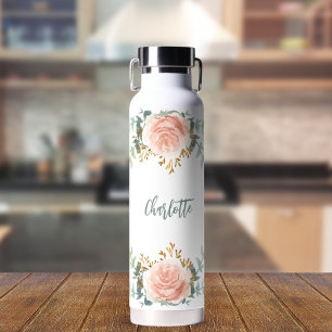 Floral rose gold greenery gold name water bottle