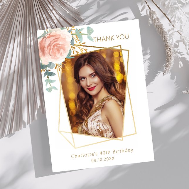 Floral rose gold greenery photo birthday thank you card (Creator Uploaded)