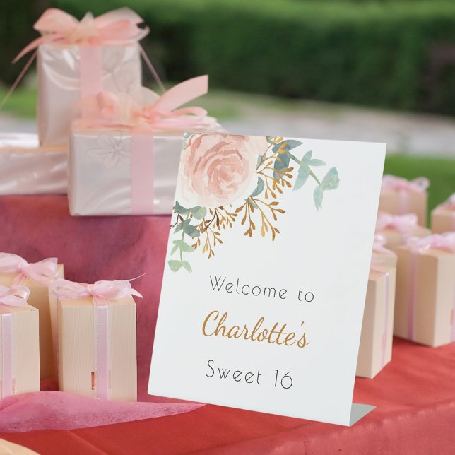 Floral rose gold greenery Sweet 16 welcome Pedestal Sign (Creator Uploaded)