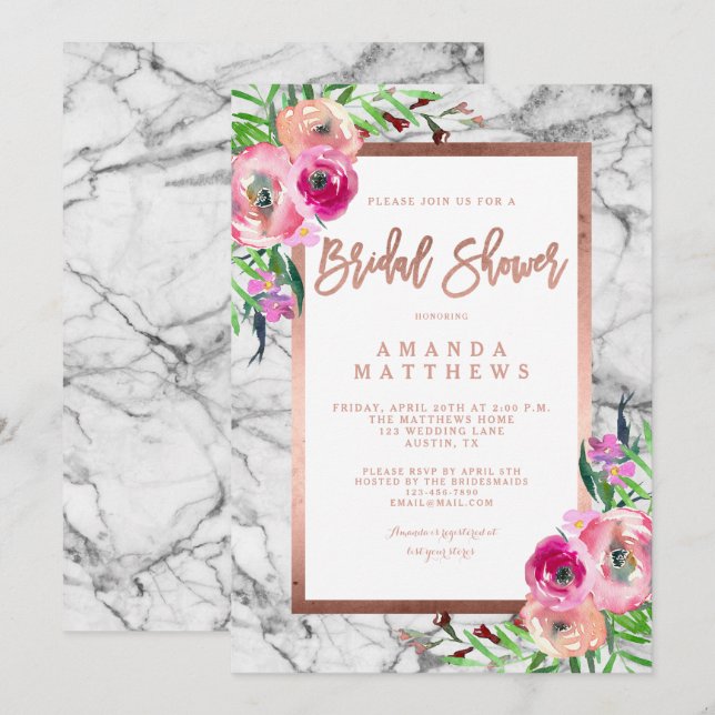 Floral Rose Gold Marble Wedding Bridal Shower Invitation (Front/Back)