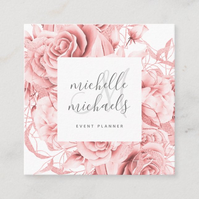 Floral Rose Gold Modern Script Monogram  Square Business Card (Front)