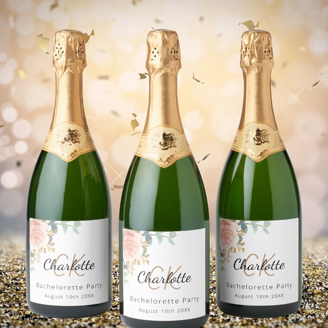 Floral rose gold monogram Bachelorette Party Sparkling Wine Label (Creator Uploaded)