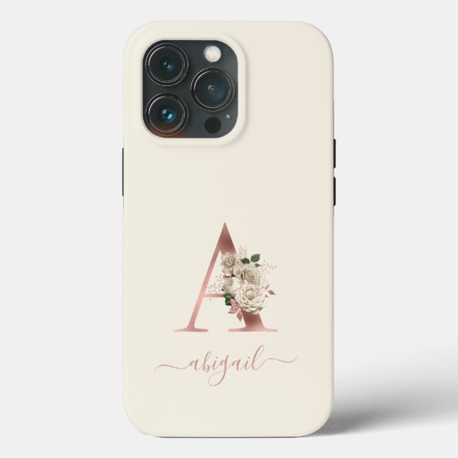 Floral Rose Gold Monogram Letter "A" Ivory Case-Mate iPhone Case (Back)