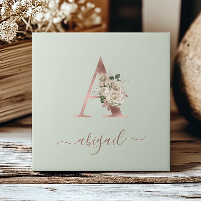 Floral Rose Gold Monogram Letter "A" sage green Tile (Creator Uploaded)