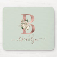 Floral Rose Gold Monogram Letter "B" Sage Green