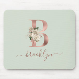 Floral Rose Gold Monogram Letter "B" Sage Green Mouse Mat
