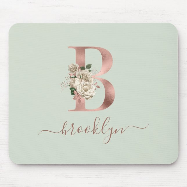 Floral Rose Gold Monogram Letter "B" Sage Green Mouse Mat (Front)