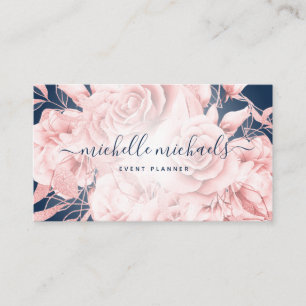 Floral Rose Gold Navy Modern Script  Business Card