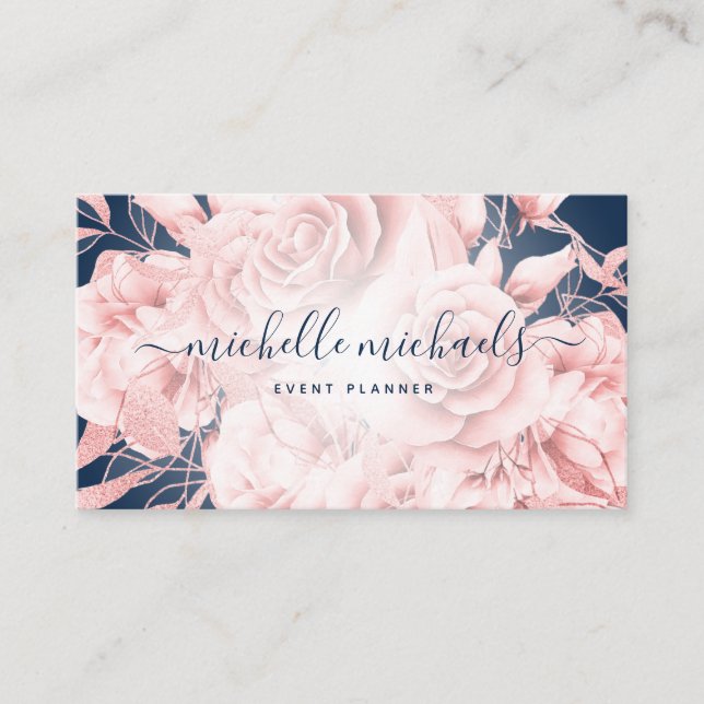 Floral Rose Gold Navy Modern Script  Business Card (Front)