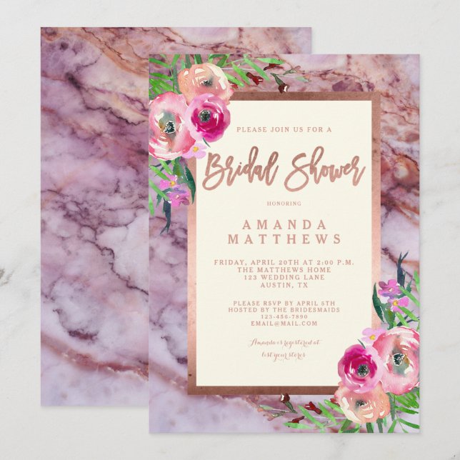 Floral Rose Gold Pink Marble Wedding Bridal Shower Invitation (Front/Back)