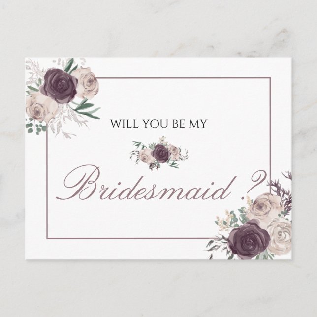 Floral Rose Gold Pink Will You Be My Bridesmaid Invitation Postcard (Front)