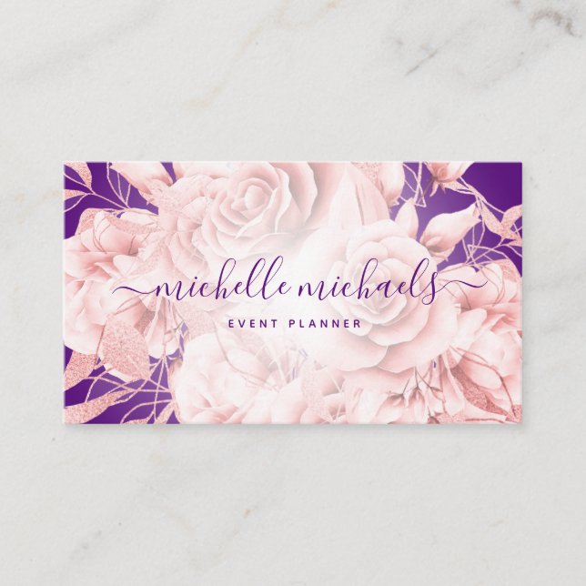 Floral Rose Gold Purple Modern Script Business Card (Front)