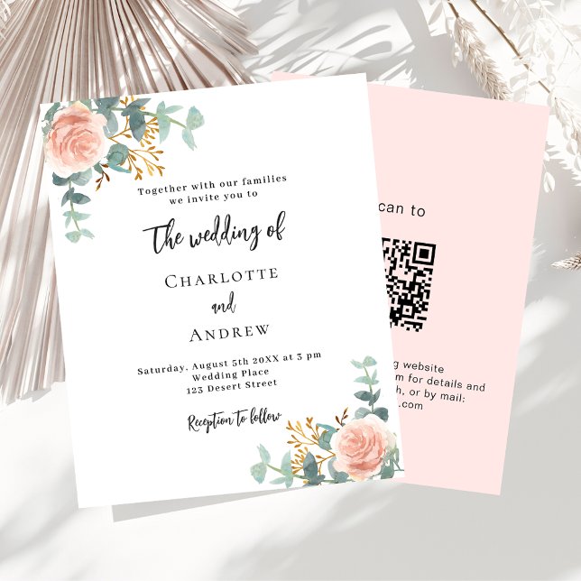 Floral rose gold QR code budget wedding invitation (Creator Uploaded)