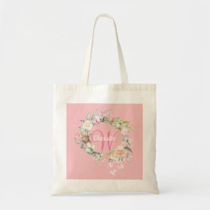 Floral Rose Gold Script Monogram Pink Tote Bag