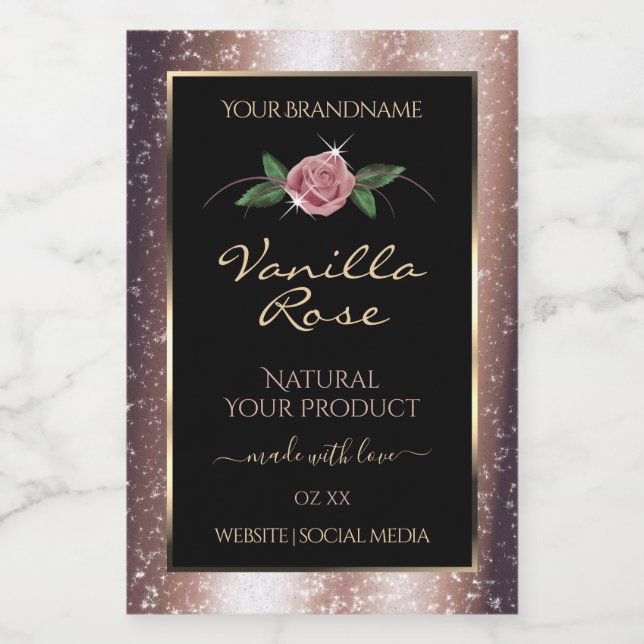 Floral Rose Gold Soft Glitter Black Product Labels (Single Label)