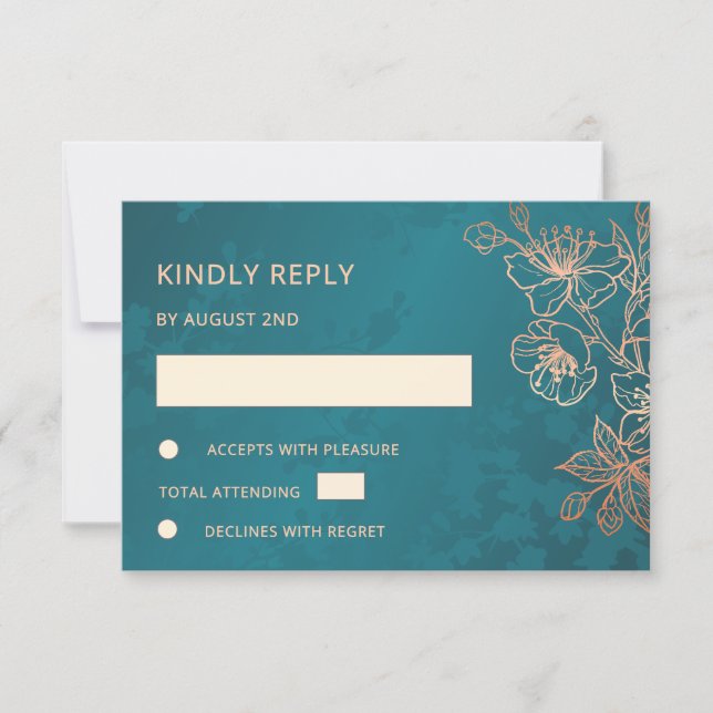 Floral Rose Gold Teal Wedding RSVP (Front)