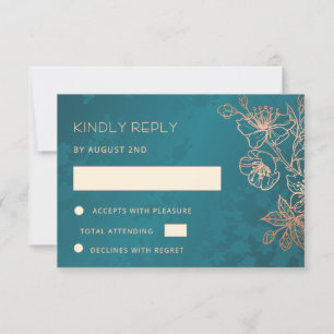 Floral Rose Gold Teal Wedding RSVP Card
