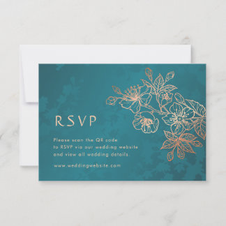 Floral Rose Gold Teal Wedding RSVP Card