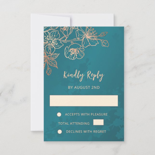 Floral Rose Gold Teal Wedding RSVP Card (Front)