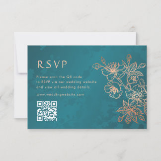 Floral Rose Gold Teal Wedding RSVP Card