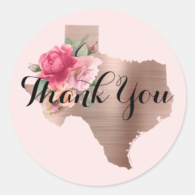 Floral Rose Gold Texas Wedding Thank You Classic Round Sticker (Front)