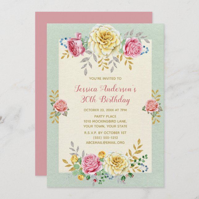 Floral Rose Gold Thirtieth 30th Birthday Invite (Front/Back)