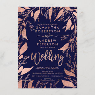Floral rose gold typography navy blue chic wedding invitation