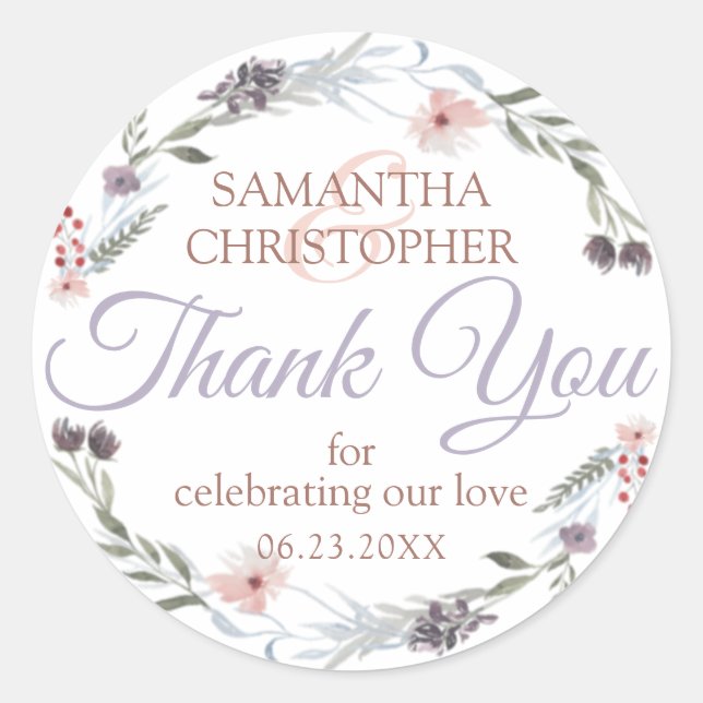 Floral Rose Gold Violet Script Wedding Thank You Classic Round Sticker (Front)