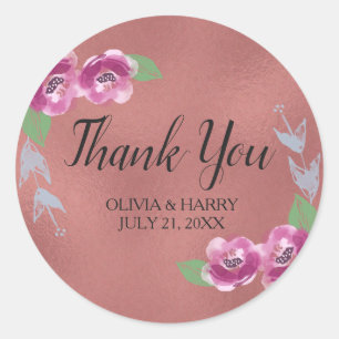 Floral Rose Gold Wedding Favour Thank You Classic Round Sticker