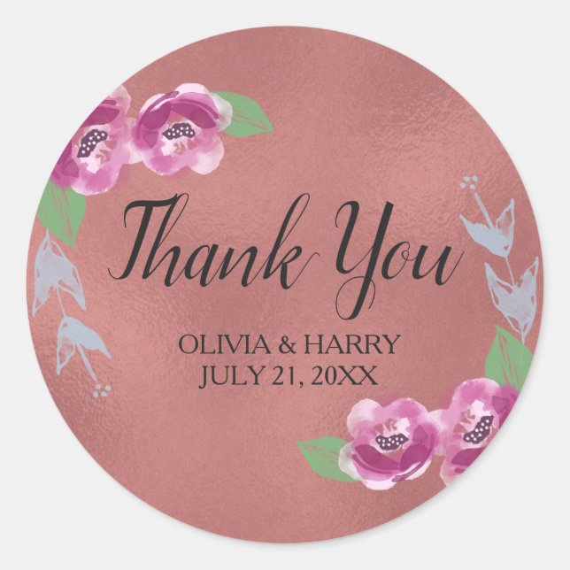 Floral Rose Gold Wedding Favour Thank You Classic Round Sticker (Front)