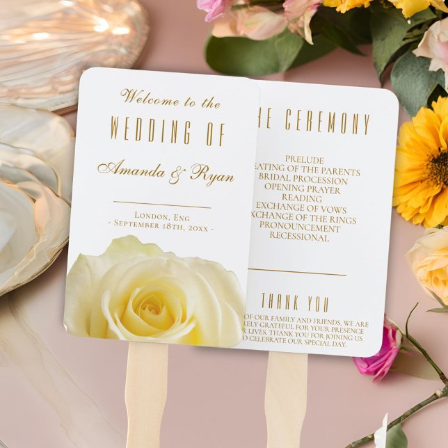 Floral Rose Golden Script White Wedding Program Hand Fan (Creator Uploaded)