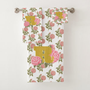 Floral Rose Initial Letter Monogram Name Couple Bath Towel Set