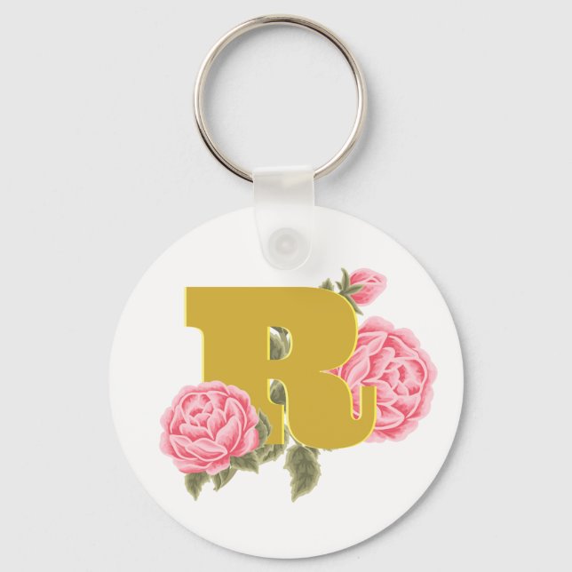Floral Rose Initial Letter Monogram Name Couple Key Ring (Front)