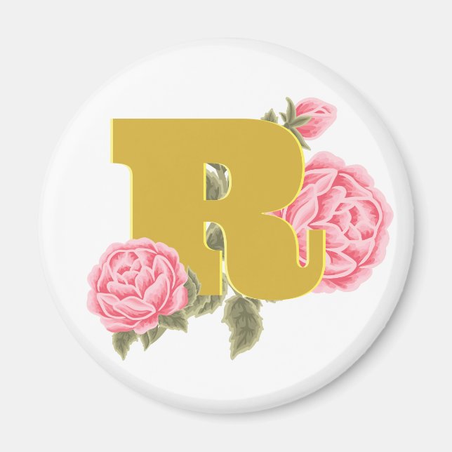 Floral Rose Initial Letter Monogram Name Couple Magnet (Front)