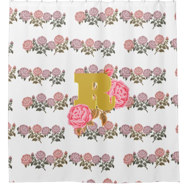 Floral Rose Initial Letter Monogram Name Couple Shower Curtain (Front)