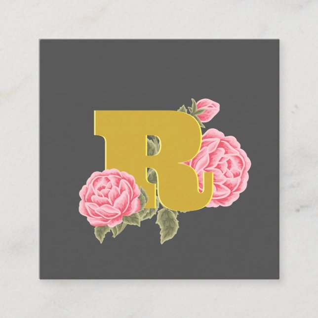 Floral Rose Initial Letter Monogram Name Couple Square Business Card (Front)