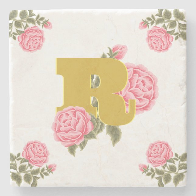 Floral Rose Initial Letter Monogram Name Couple Stone Coaster (Front)